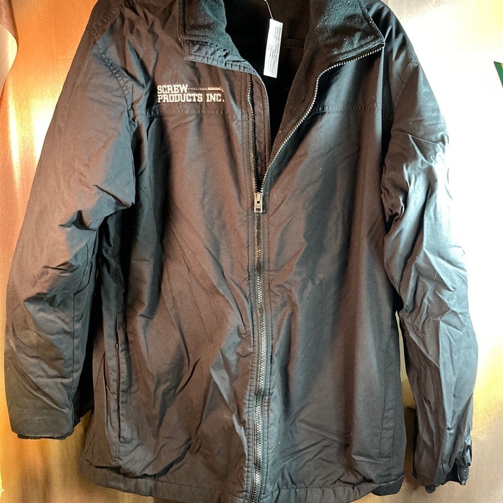 BLACK Columbia jacket size L. “Screw Products Inc” 42” chest Fleece lined. 125